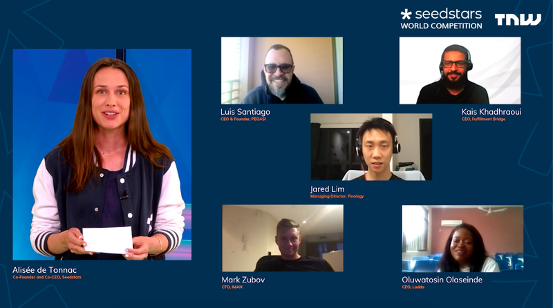 FIVE FINALISTS_ Alisée de Tonnac addresses the five Seedstars World finalists_ Fulfillment Bridge (Tunisia), Pegasi (Venezuela), Finology (Malaysia), IMAN (Uzbekistan), and Ladda (Nigeria).png
